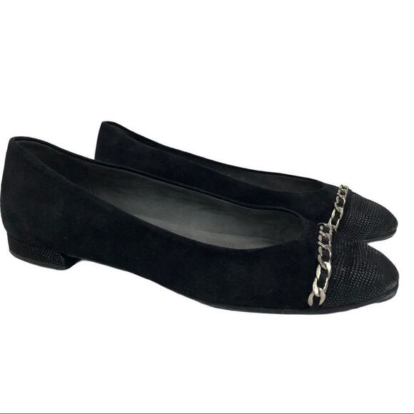 Stuart Weitzman Legacy Cap Toe Ballet Loafers Flat Black Suede Chain Accent 6 - Picture 7 of 16
